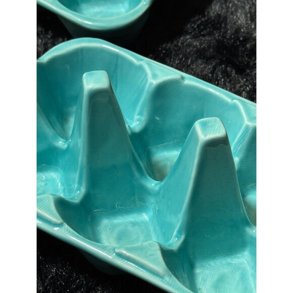Ceramic Egg Holder Trays  Teal Blue Color  Set Of 2  6 Slots Each - Picture 5 of 8